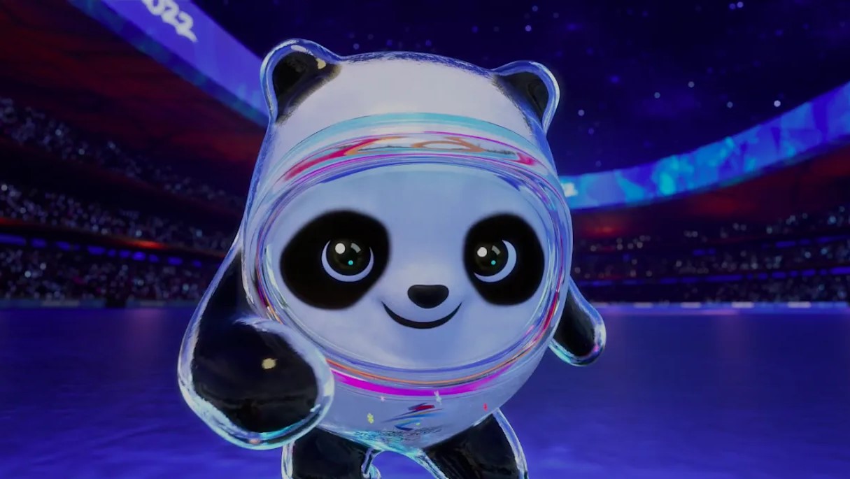 An animated panda in a clear suit