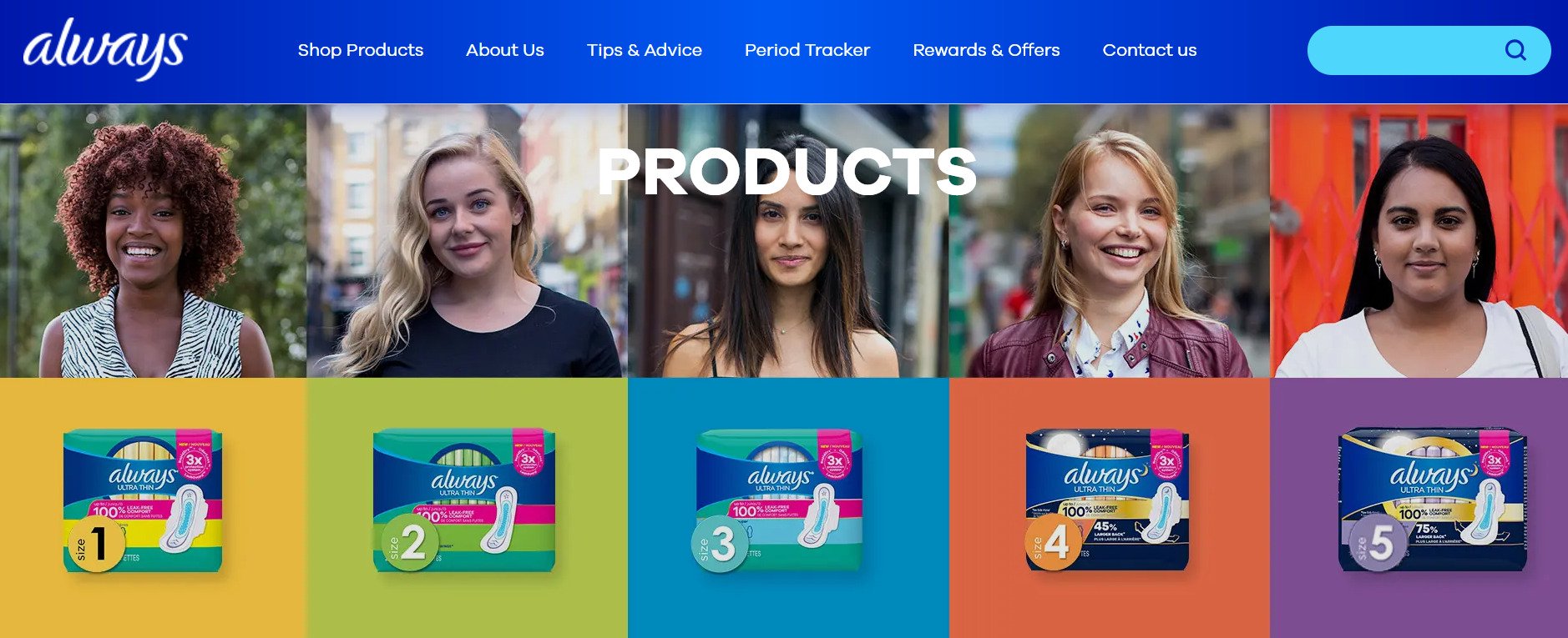 A gallery of five ladies smiling and different menstrual pad products