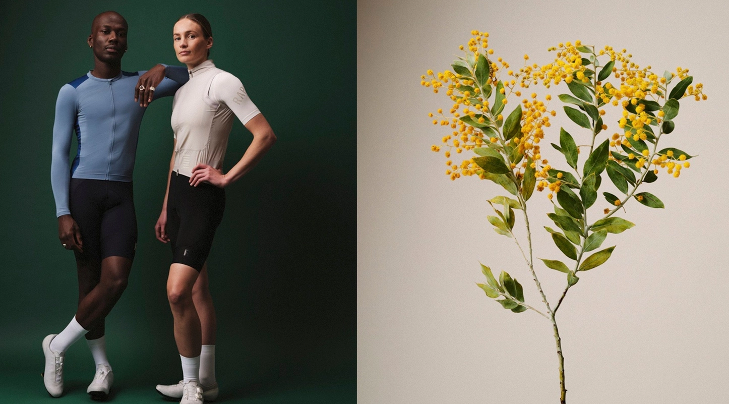 Left side photo shows two people in cycling gears standing next to each other. Right photo is a flower with yellow petals and green leaves