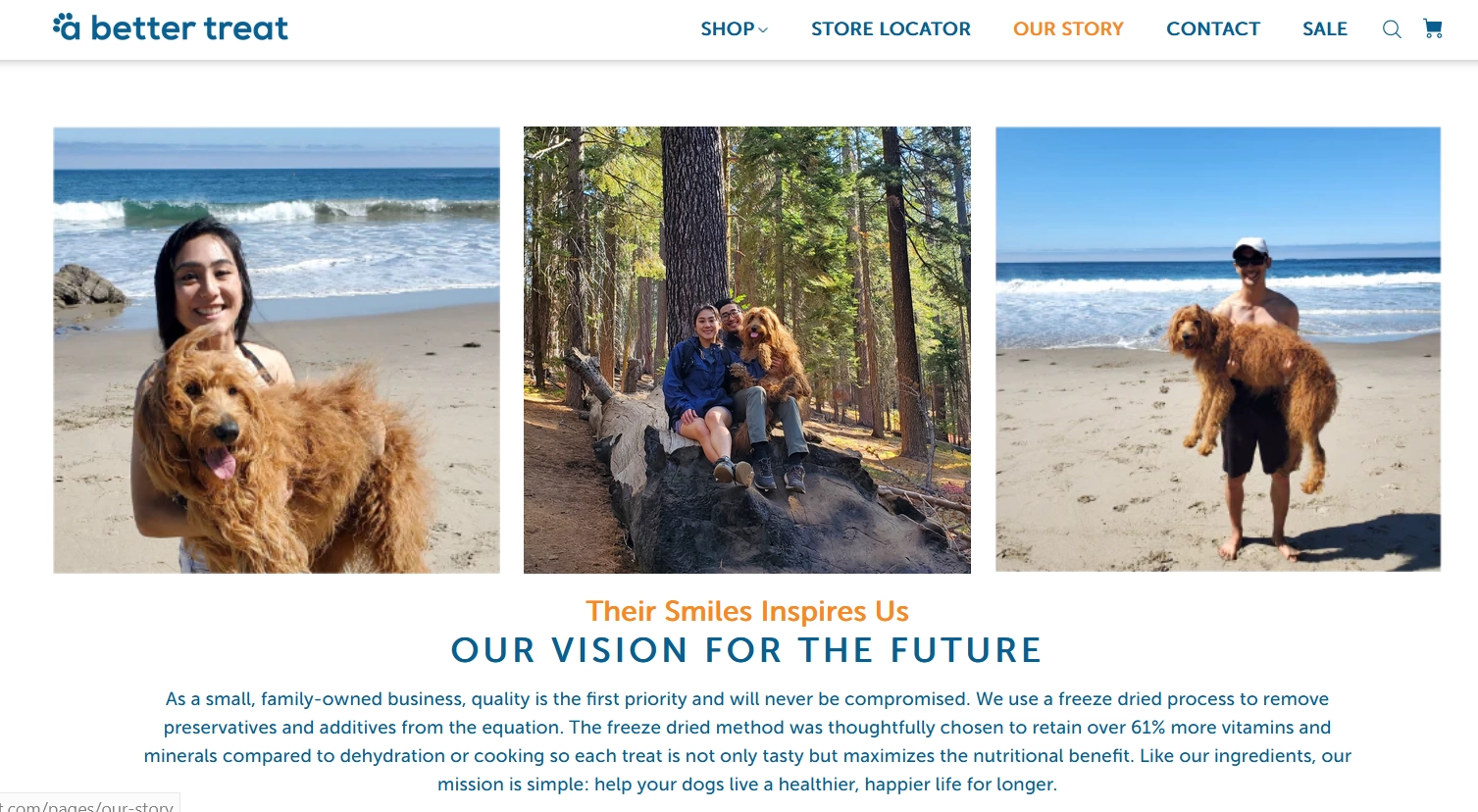 A gallery of a woman and a man taking a photo with their dog by the beach and in the forest