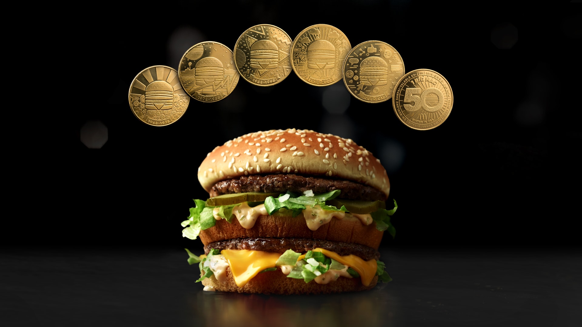 Six gold coins float above a burger