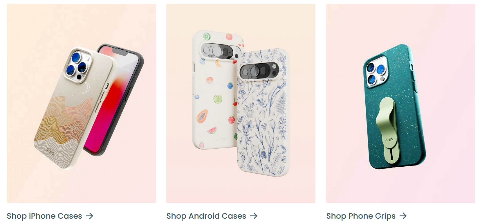 hone cases in different designs featuring geometric lines, floral patterns, and solid colors