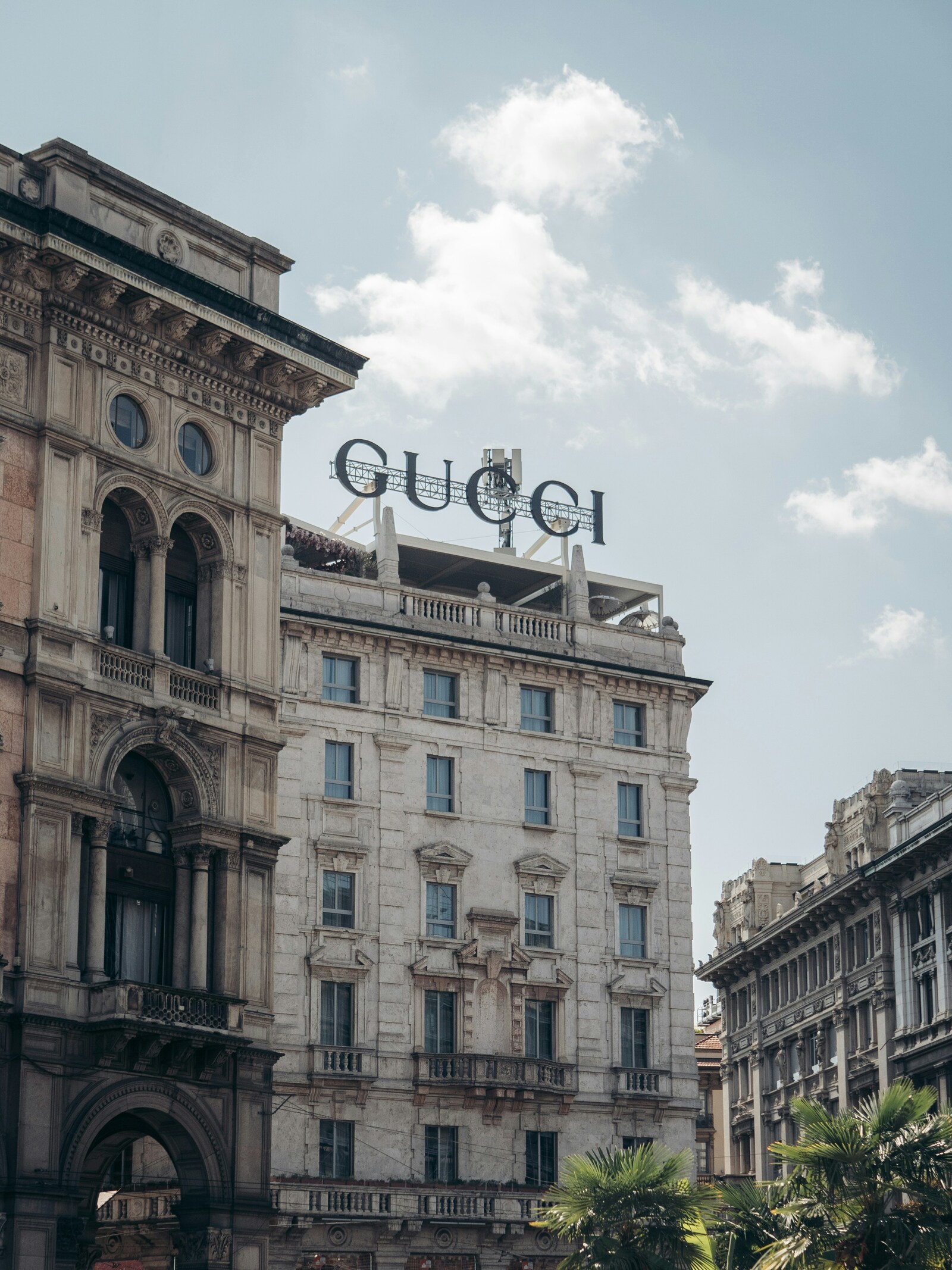 Gucci logo on top of a building
