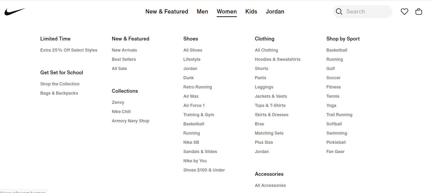 Screenshot of Nike’s product menu