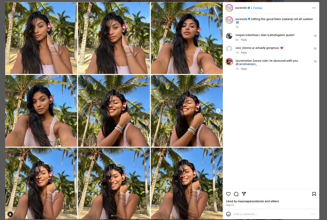 A collage of a woman wearing a white bikini top