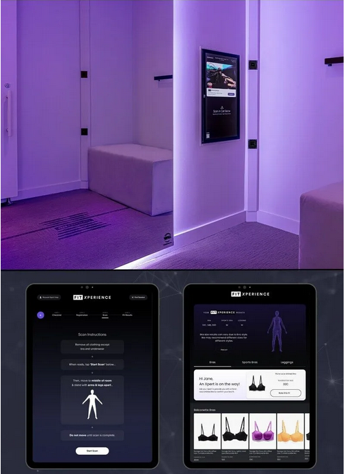 A fitting room with a body scanning device attached to the wall