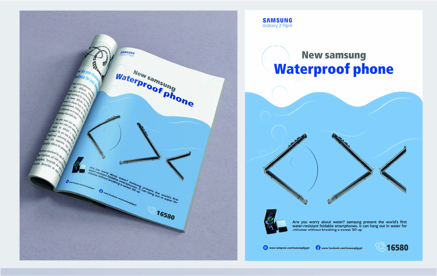 A magazine ad for a half-opened foldable phone underwater