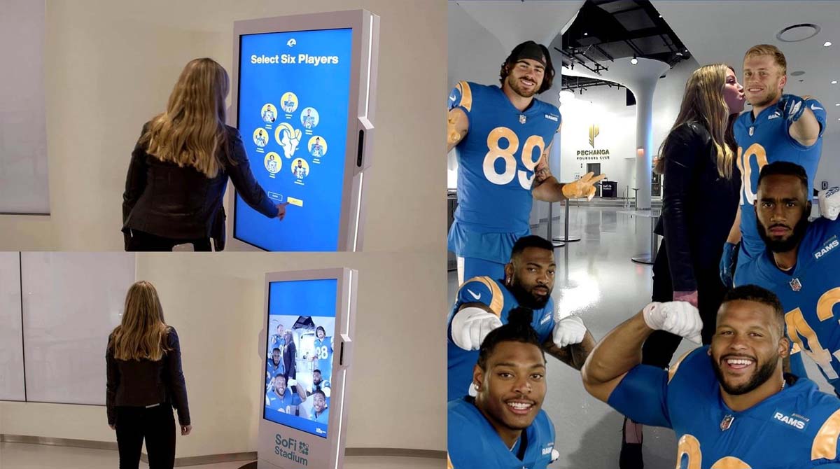 A woman selects players and takes pictures using a photo booth.