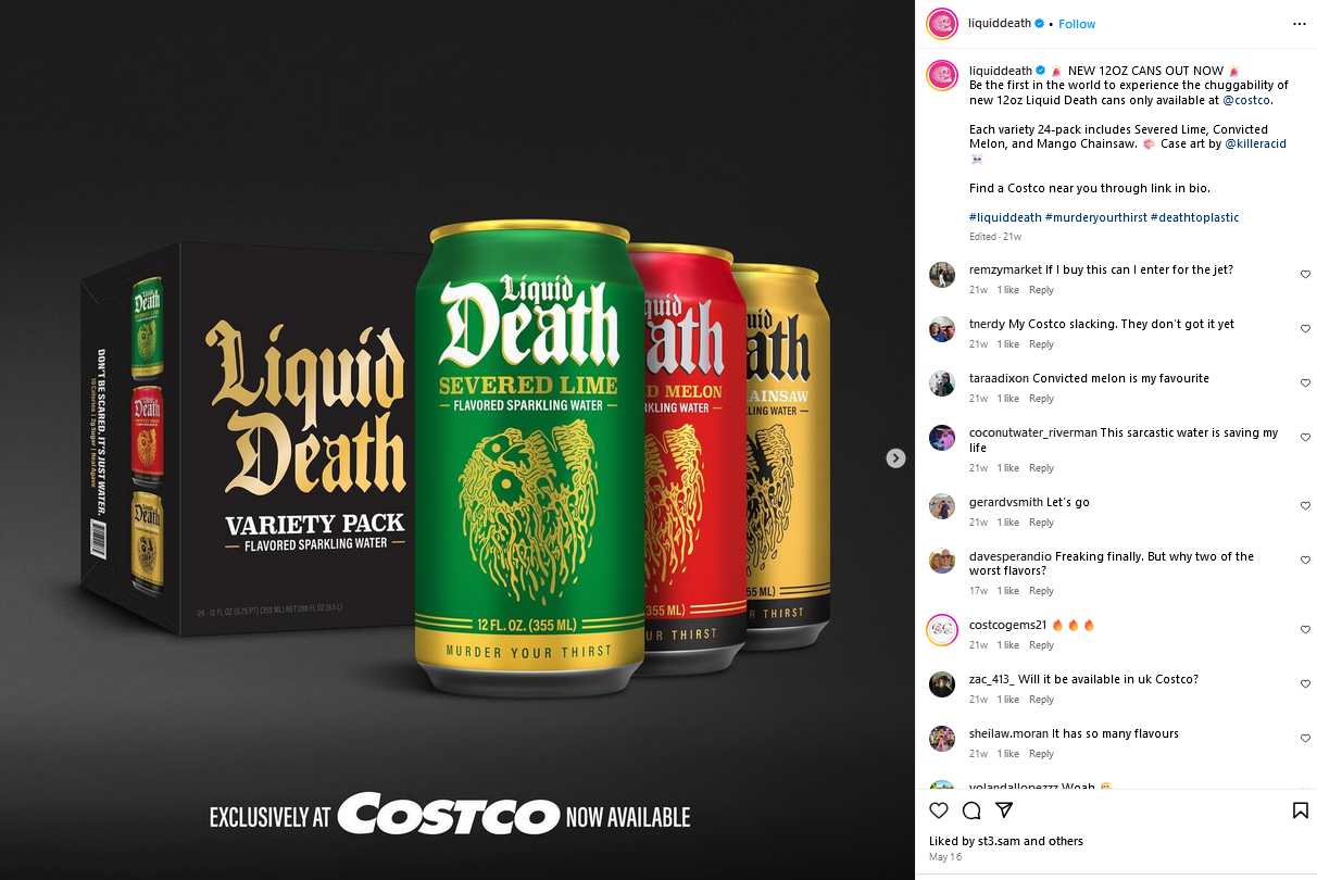 Cans of water in green, red, and gold
