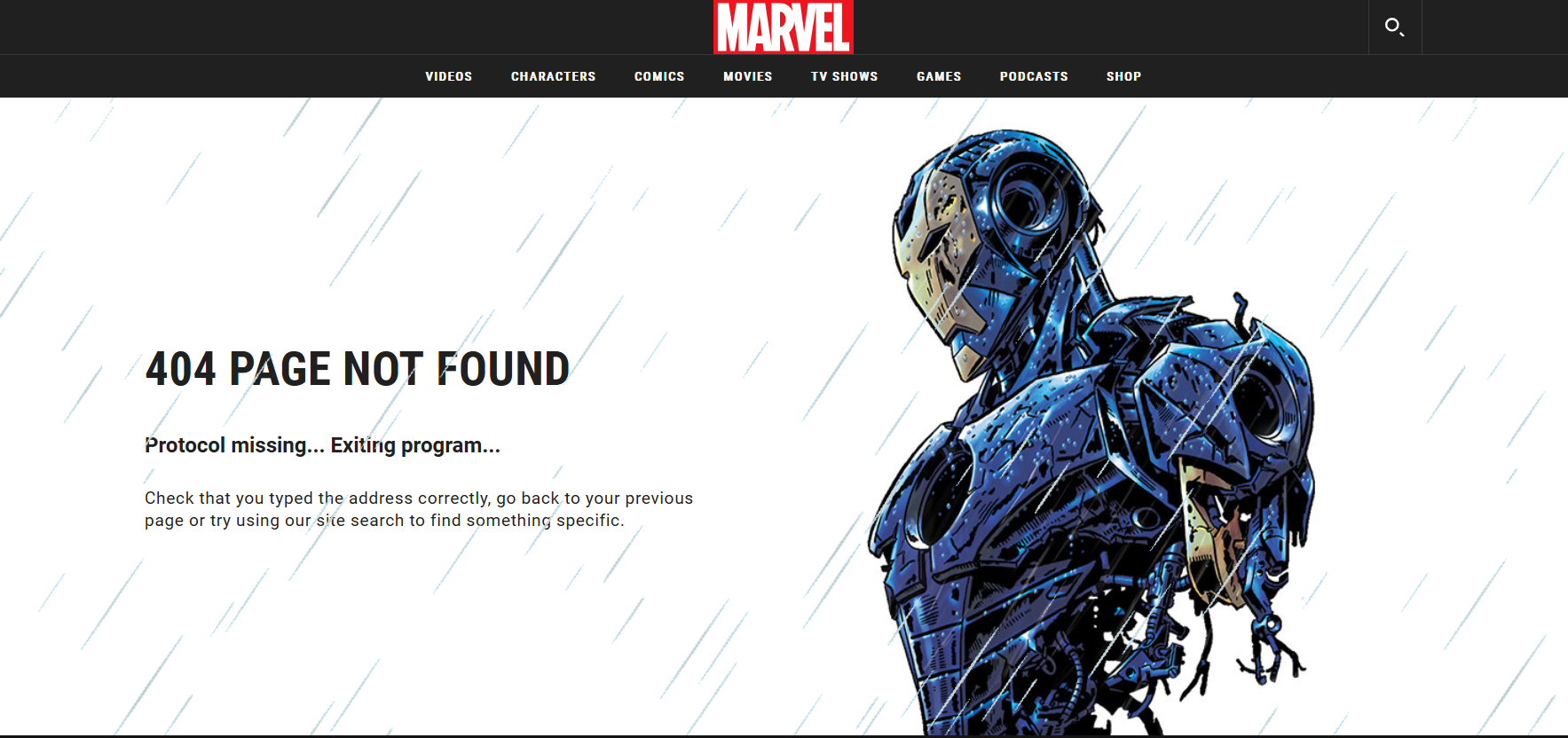 A broken robot stands in the pouring rain