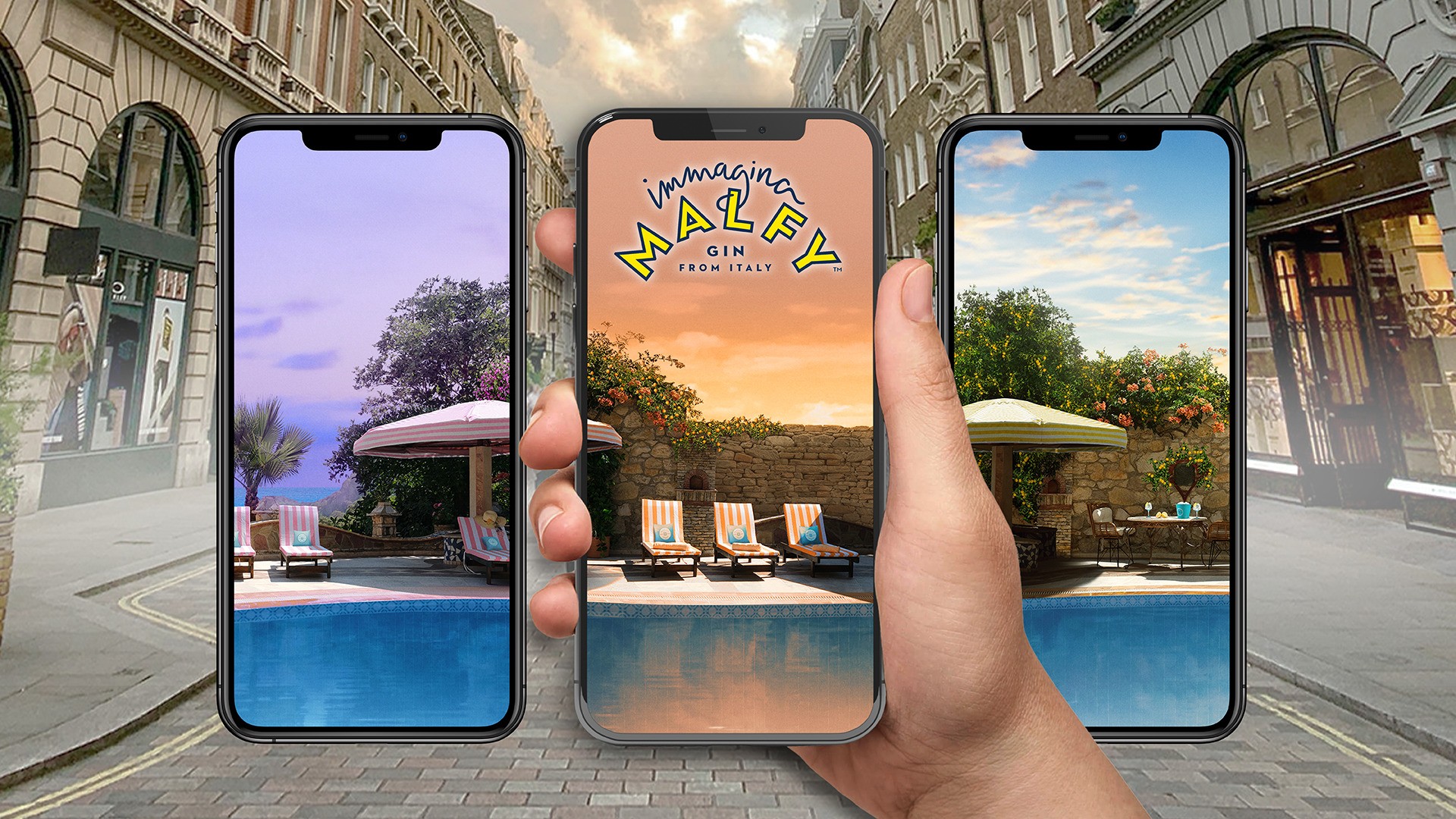 Three smartphones displaying a poolside view in Italy.