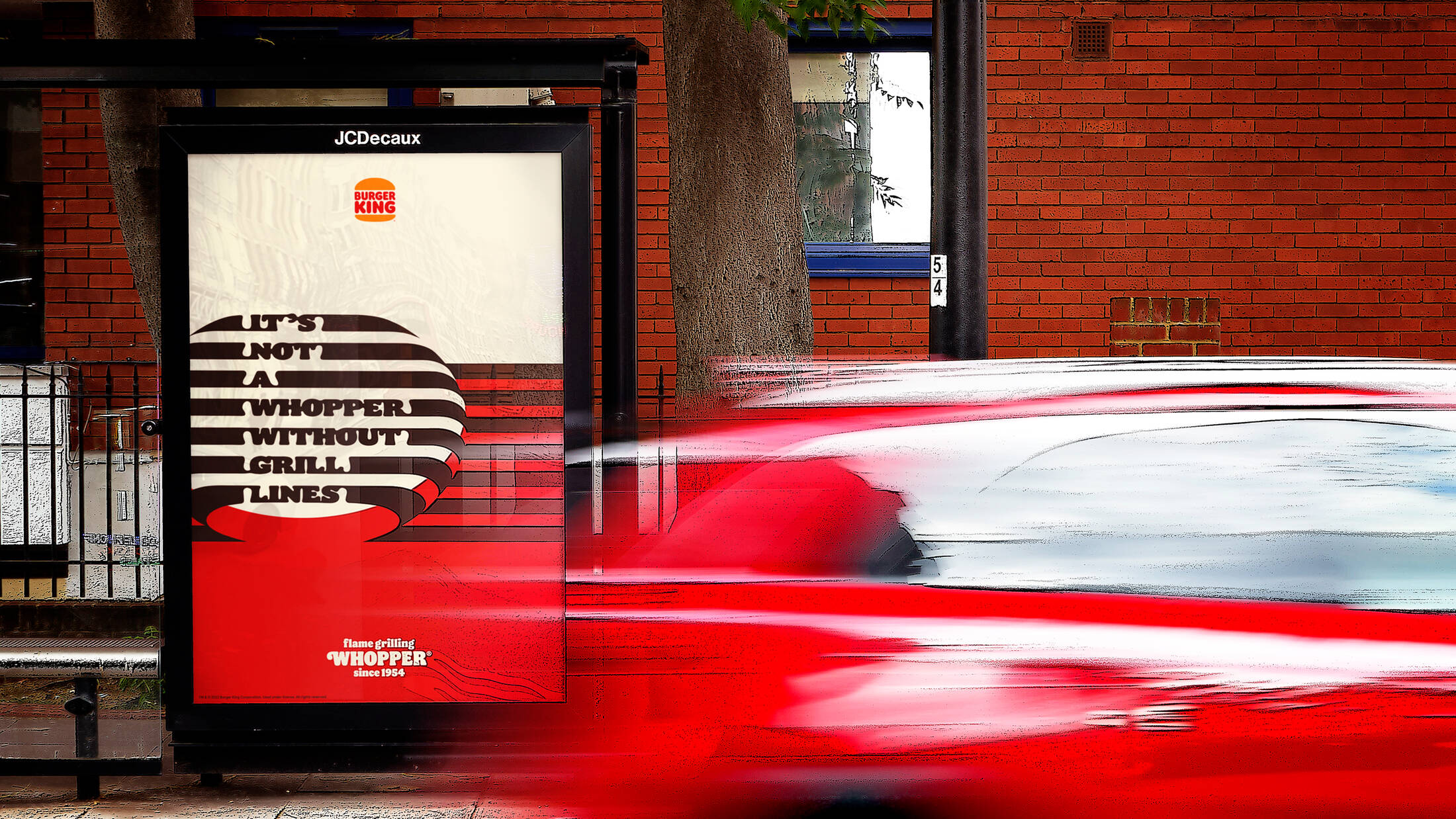 Bus stop advertisement that says “It’s not a whopper without grill lines.”