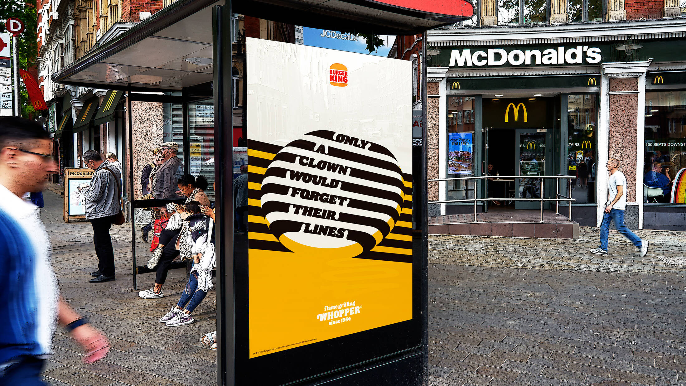 Bus stop advertisement outside McDonalds that says, “Only a clown would forget their lines.”
