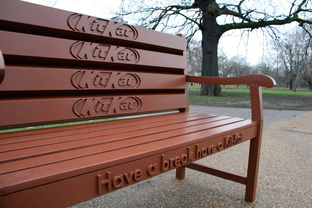 A bench resembling chocolate with KitKat embossed at the back.