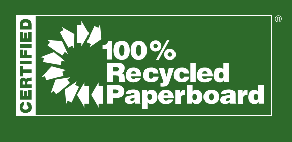 A logo that consists of arrows and texts that say “Certified” and 100% recycled paperboard