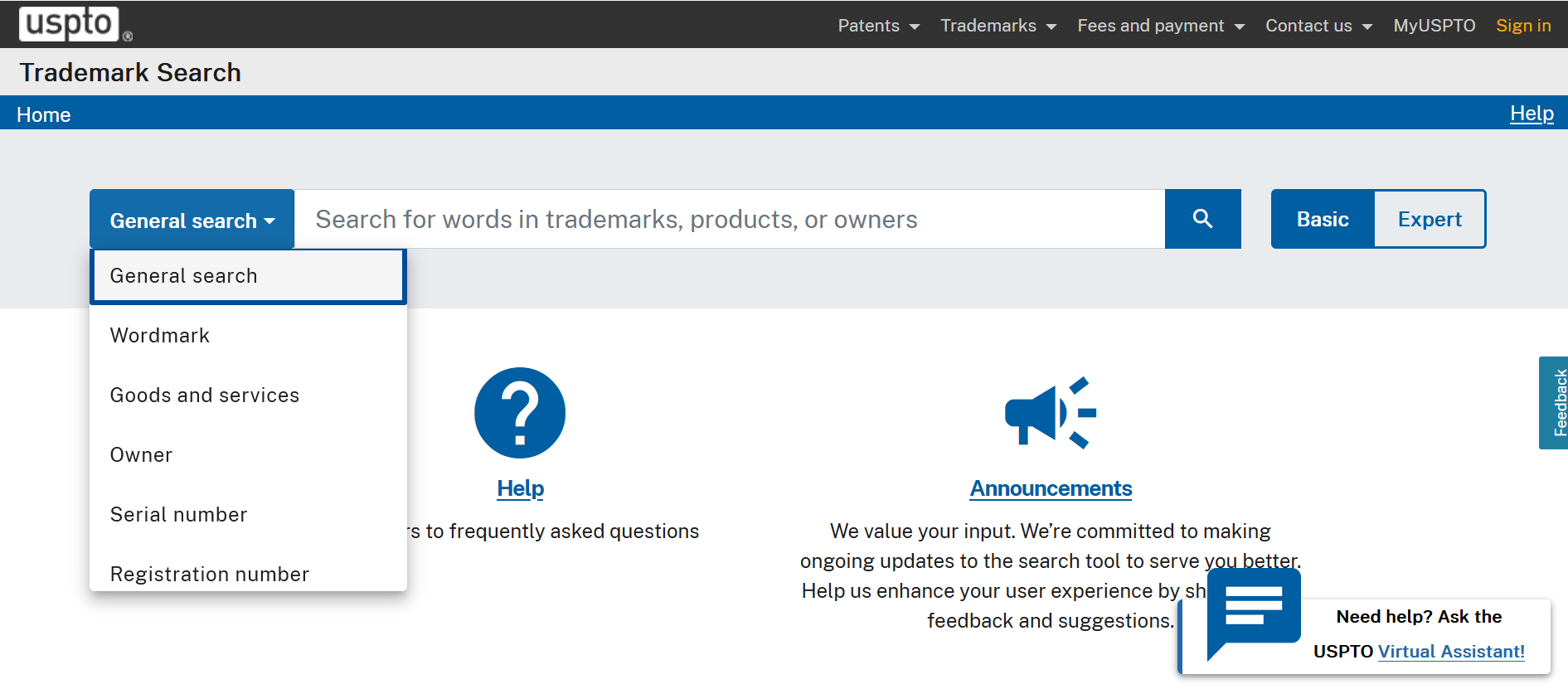A website for searching trademarks