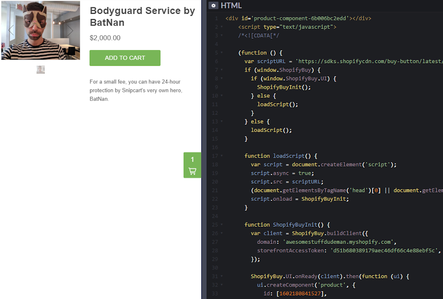 Shopify Buy Button integration for BatNaN bodyguard service