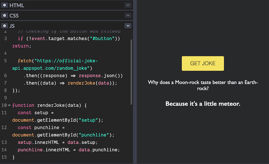 Random Joke CodePen JavaScript