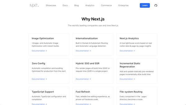Next.js homepage features list