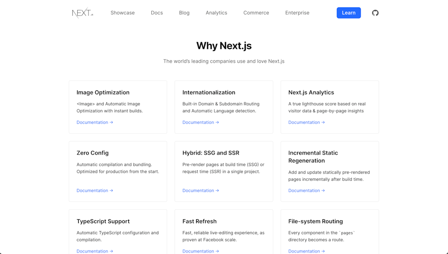 Next.js homepage features list