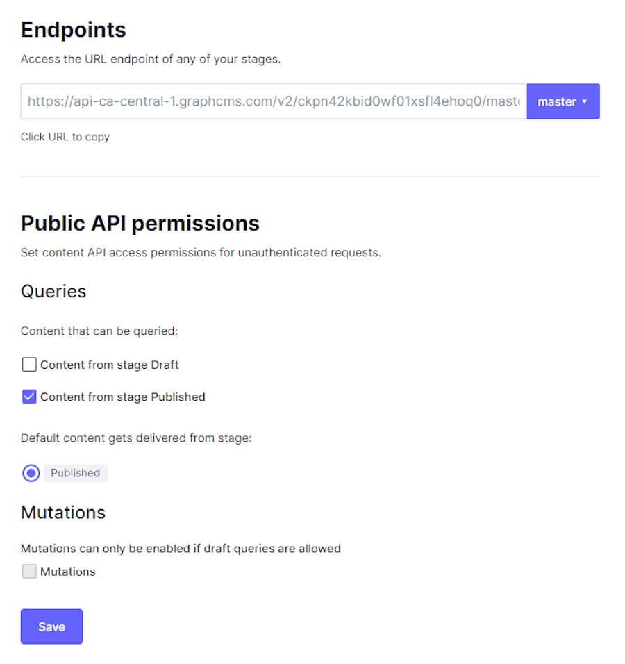 Update API access in GraphCMS