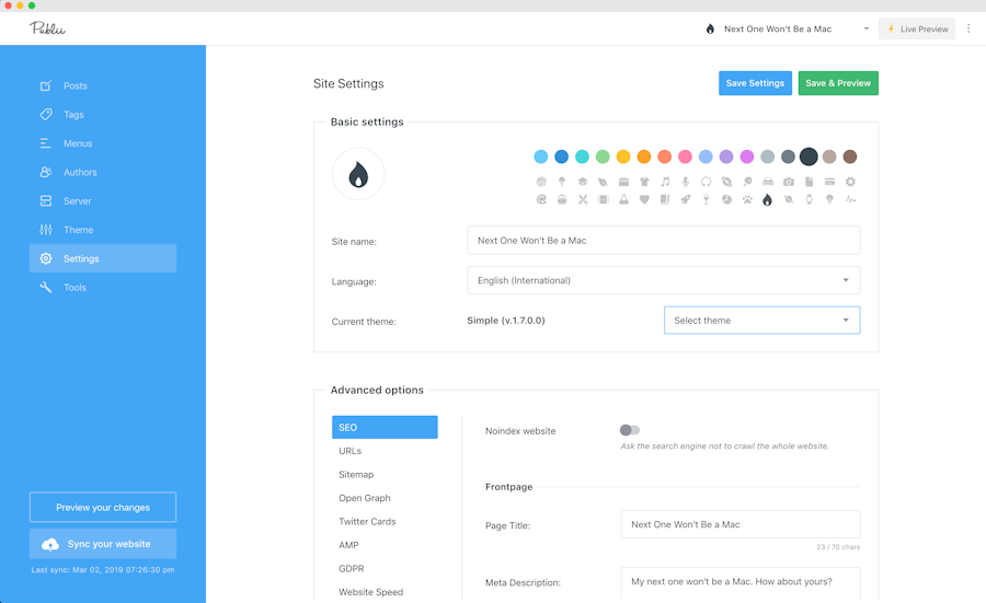 Elegir un tema en Publii