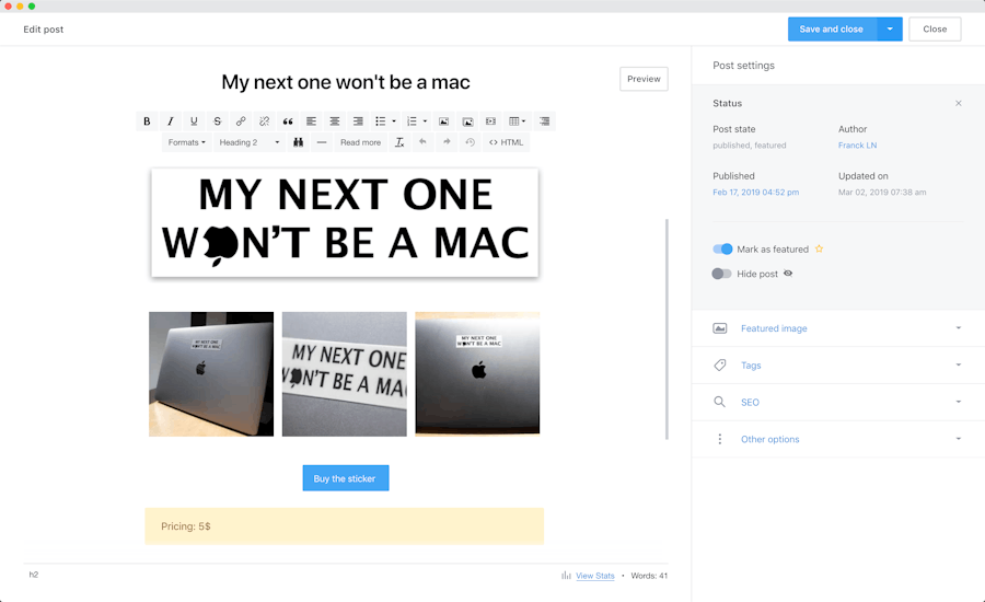 Editing a post in Publii