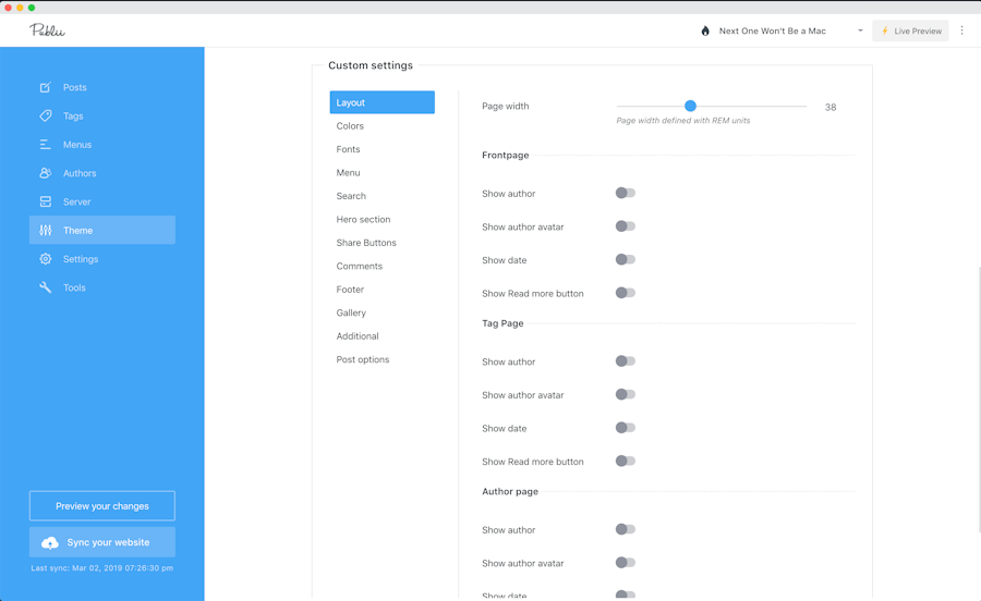 Custom theme settings in Publii