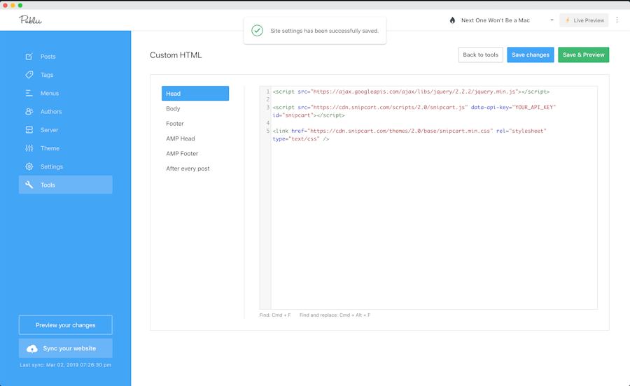 Incluyendo JS de Snipcart en la fuente Publii