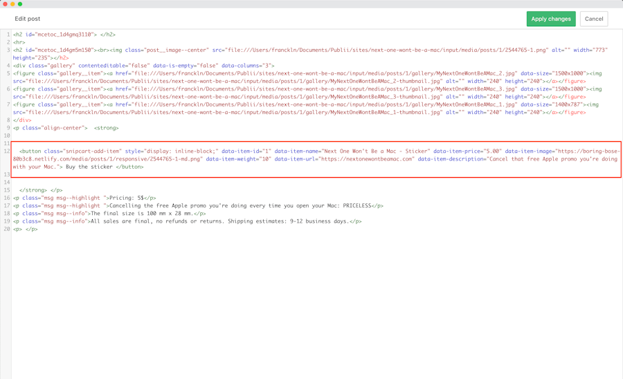 Agregar el botón de compra en el HTML de Publii