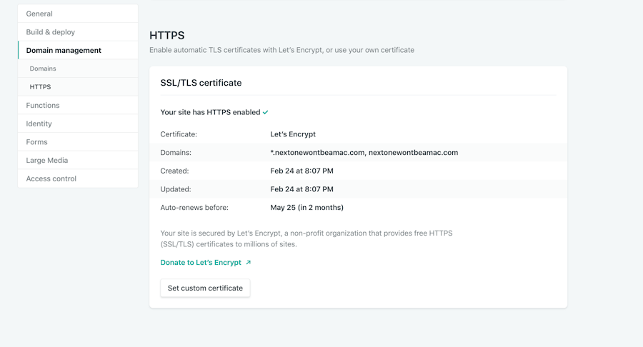 Netlify SSL Let's Encrypt panel