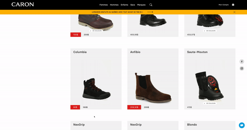 Snipcart's integration on Caron Chaussures website