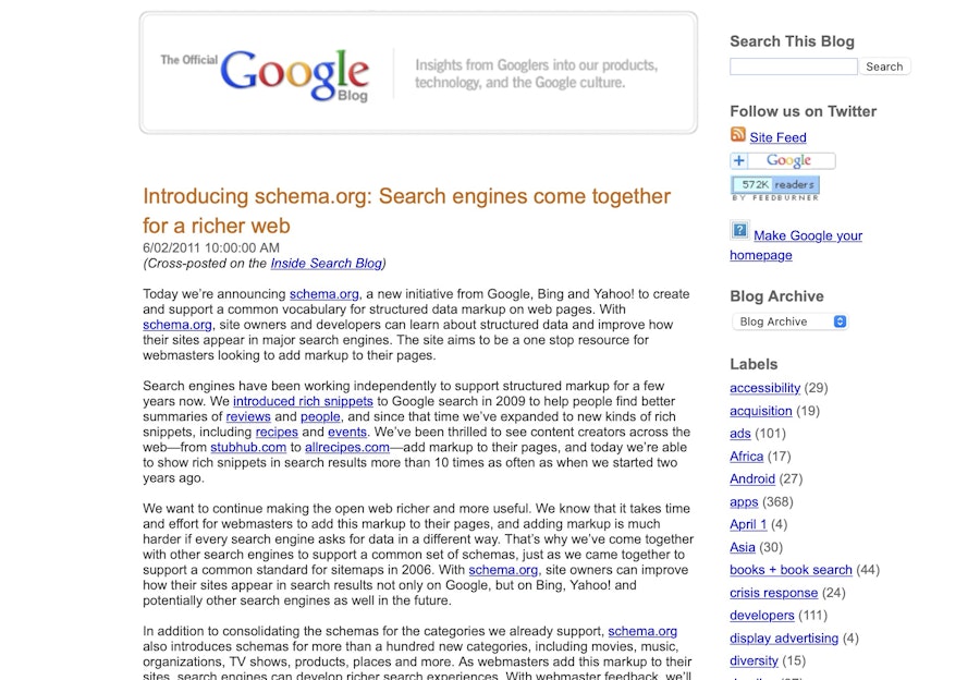 Schema org announcement article from Google