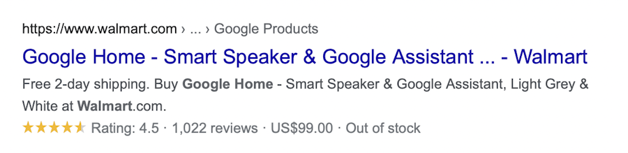 Example of the product “Google Home” appearing in Google search results, showing reviews, ratings, and stock supply.