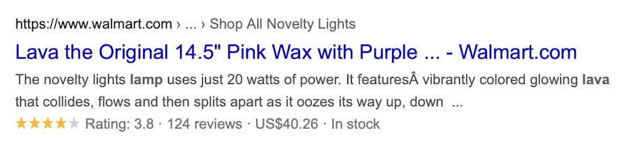 Example of the product “Walmart Lava Lamp” appearing in Google search results, showing reviews, ratings, and stock supply.