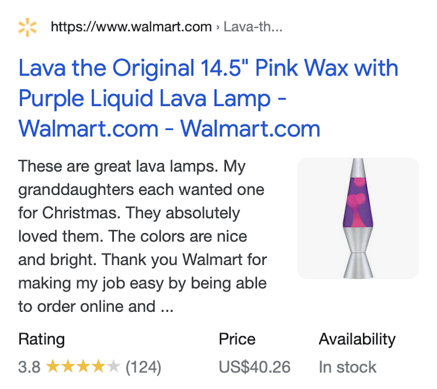 “Walmart Lava Lamp” product example but for a mobile experience, which is adjusted to fit the same content plus a thumbnail of the product.