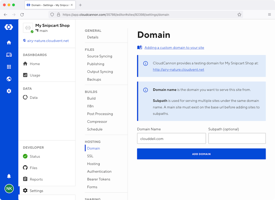 CloudCannon domain settings