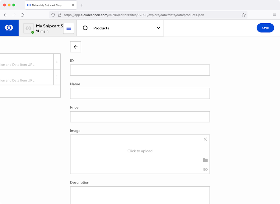 CloudCannon products configuration fields