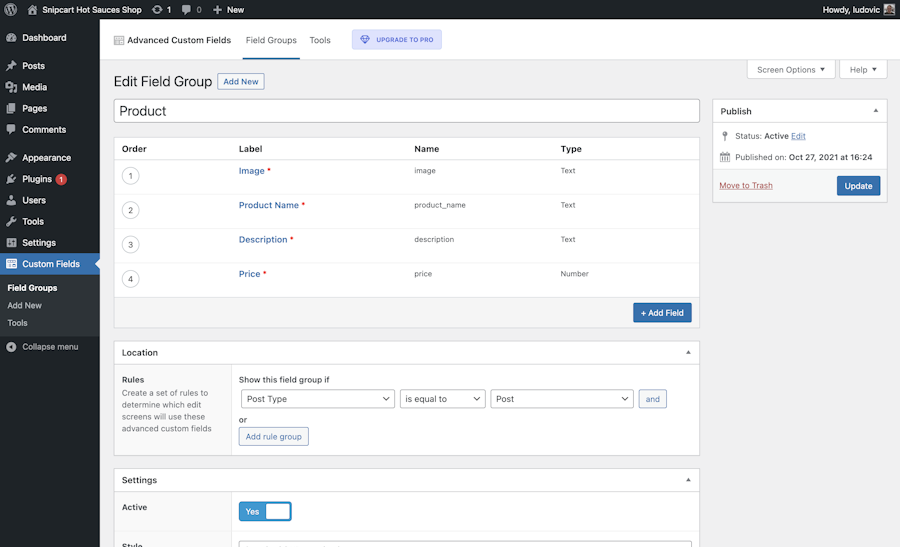 Creating advanced custom filed group