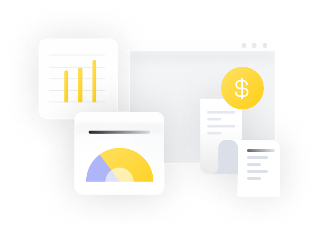 white and yellow bar chart, pie chart, online invoice and dollar sign 