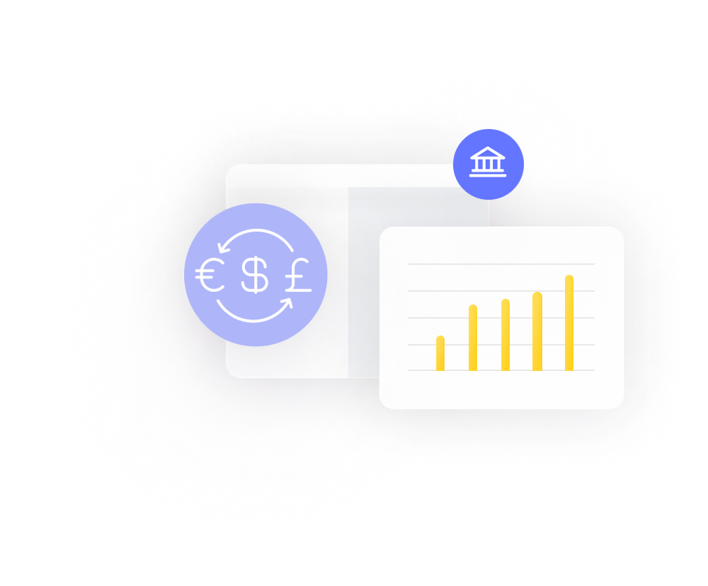 multicurrency, euro, dollar and pound with bar chart and financial institution icon