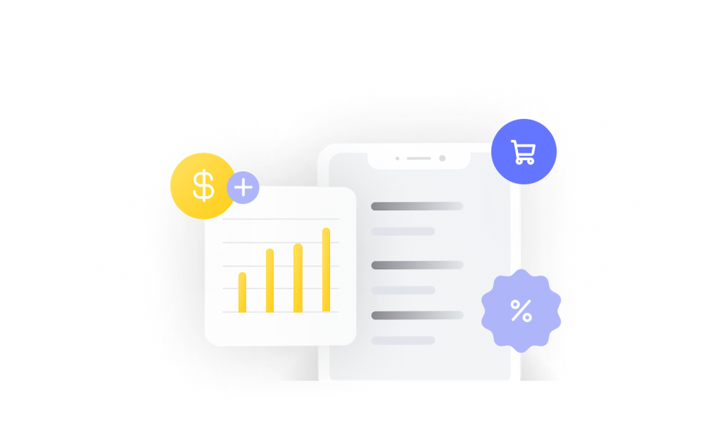 dollar sign with yellow bar chart and tablet screen with e-commerce store 