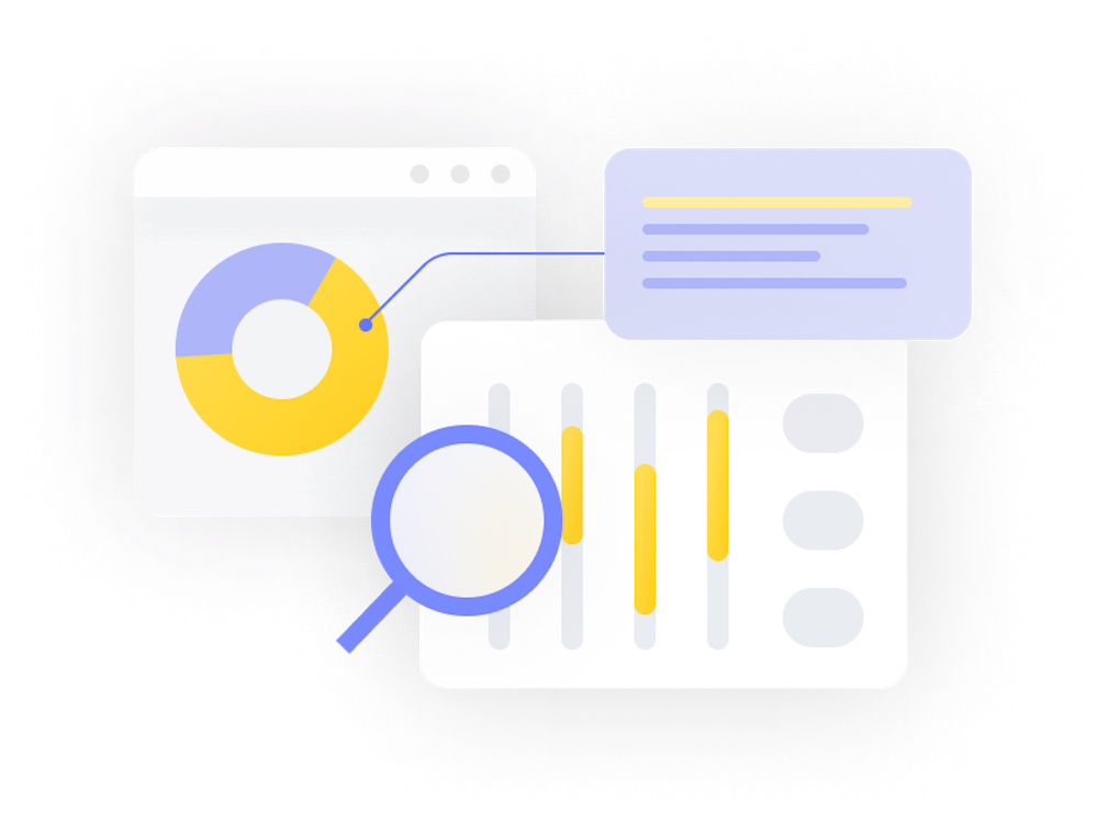 pie chart and magnifying glass and dashboard 