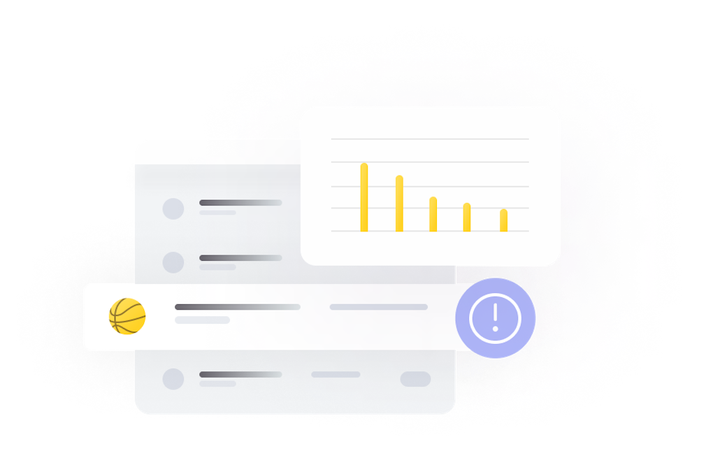 dashboard and yellow basketball with warning symbol and bar chart