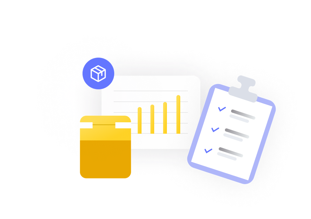 yellow shipping box with a bar chart and a check list