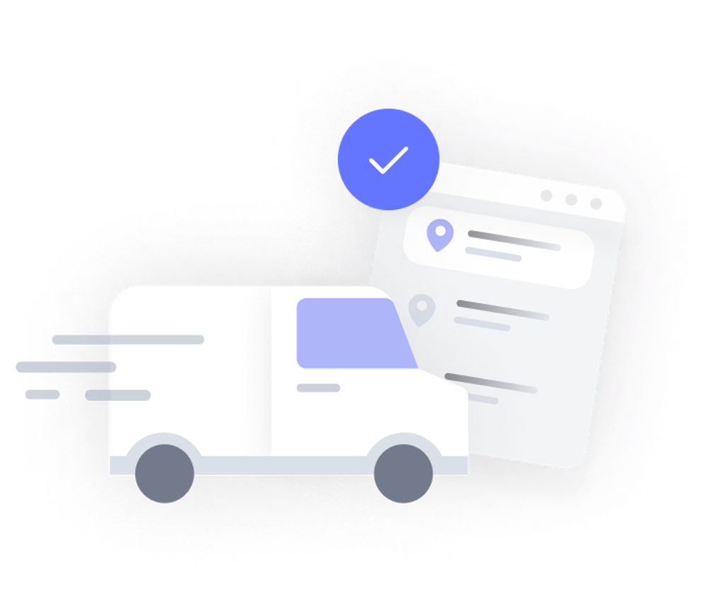 shipping truck and location list with blue check mark 