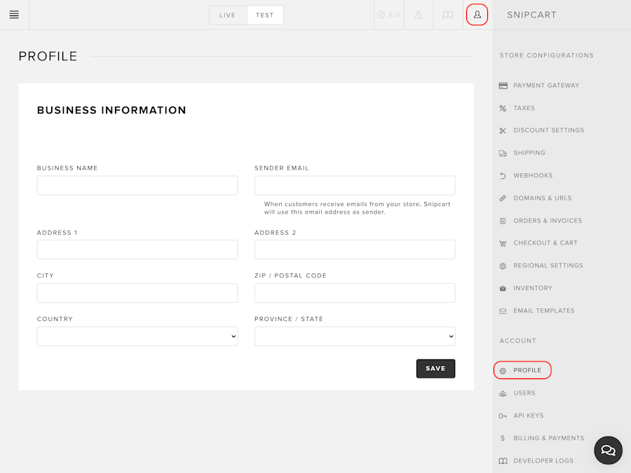 Business information form fields in the merchant dashboard