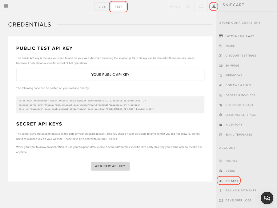 Public API key in the merchant dashboard with the code snippet to install the shopping cart on your sitet dashboard