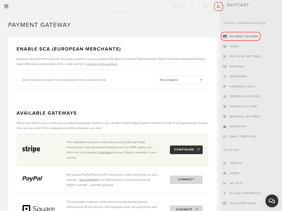 Payment gateway configuration in the merchant dashboard