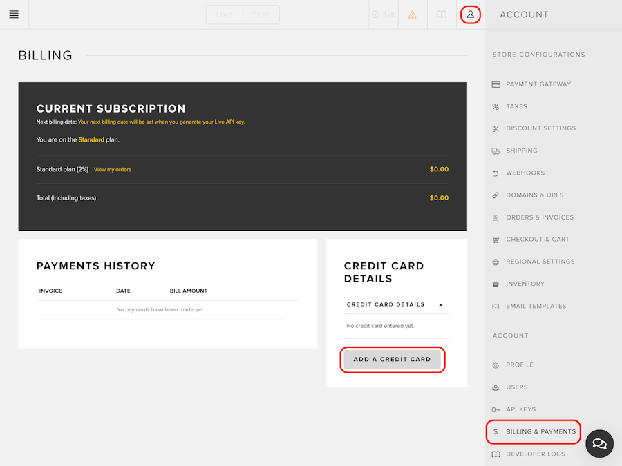 Payment infromation for Snipcart in the merchant dashboard